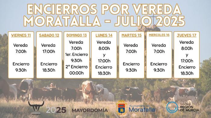 Calendario de Encierros por Vereda, del 11 al 17 de julio Fiestas Mayores de Moratalla. Calendario de Encierros por Vereda, del 11 al 17 de julio Fiestas Mayores de Moratalla.