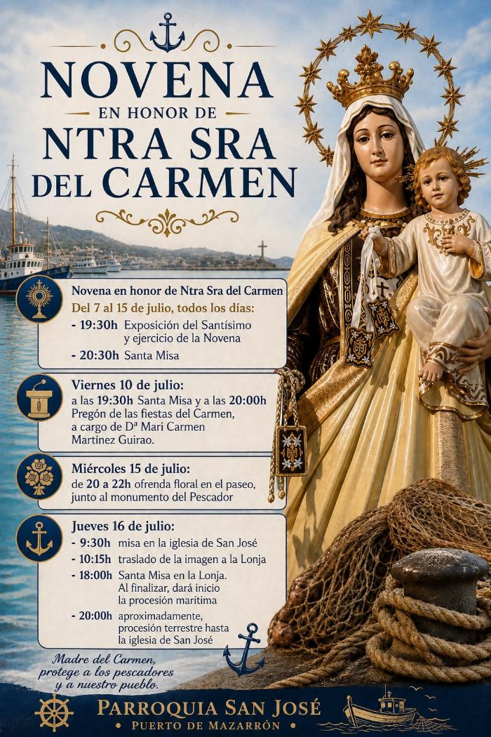 Actos religiosos y oficiales Programados en honor a nuestra se�ora del Carmen, organizados por la parroquia san jos� de puerto de Mazarr�n.